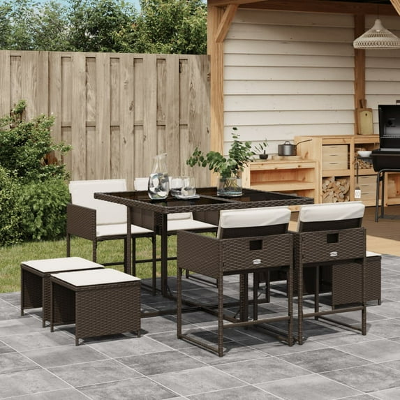 vidaXL 9 Piece Patio Dining Set with Cushions Brown Poly Rattan