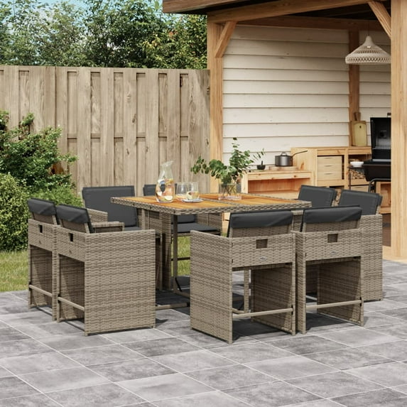 vidaXL 9 Piece Patio Dining Set with Cushions Gray Poly Rattan