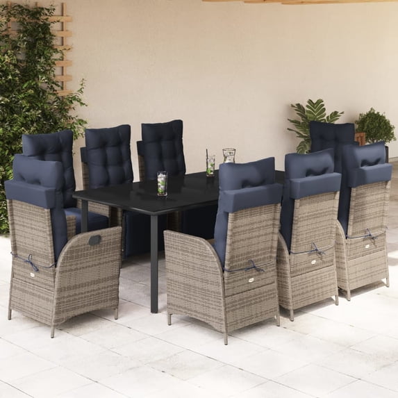 vidaXL 9 Piece Patio Dining Set with Cushions Gray Poly Rattan