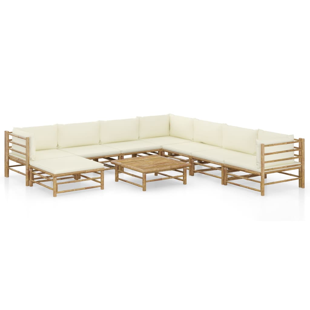 Cream White Bamboo 9-Piece Patio Lounge Set with Cushions