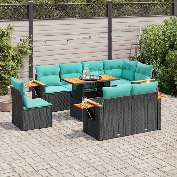 vidaXL 9 Piece Patio Sofa Set with Cushions Black Poly Rattan Acacia