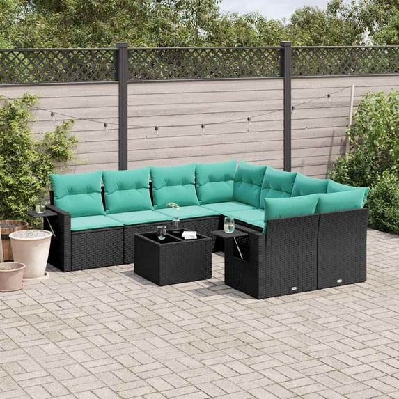 vidaXL 9 Piece Patio Sofa Set with Cushions Black Poly Rattan