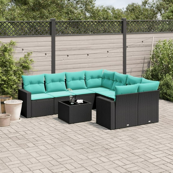 vidaXL 9 Piece Patio Sofa Set with Cushions Black Poly Rattan