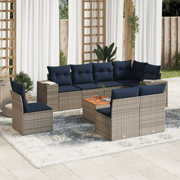 vidaXL 9 Piece Patio Sofa Set with Cushions Gray Poly Rattan