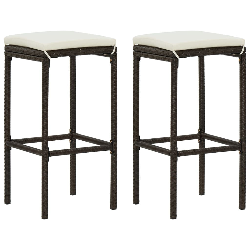 White Steel Bar Stool with Brown Poly Rattan Cushions, Set of 2