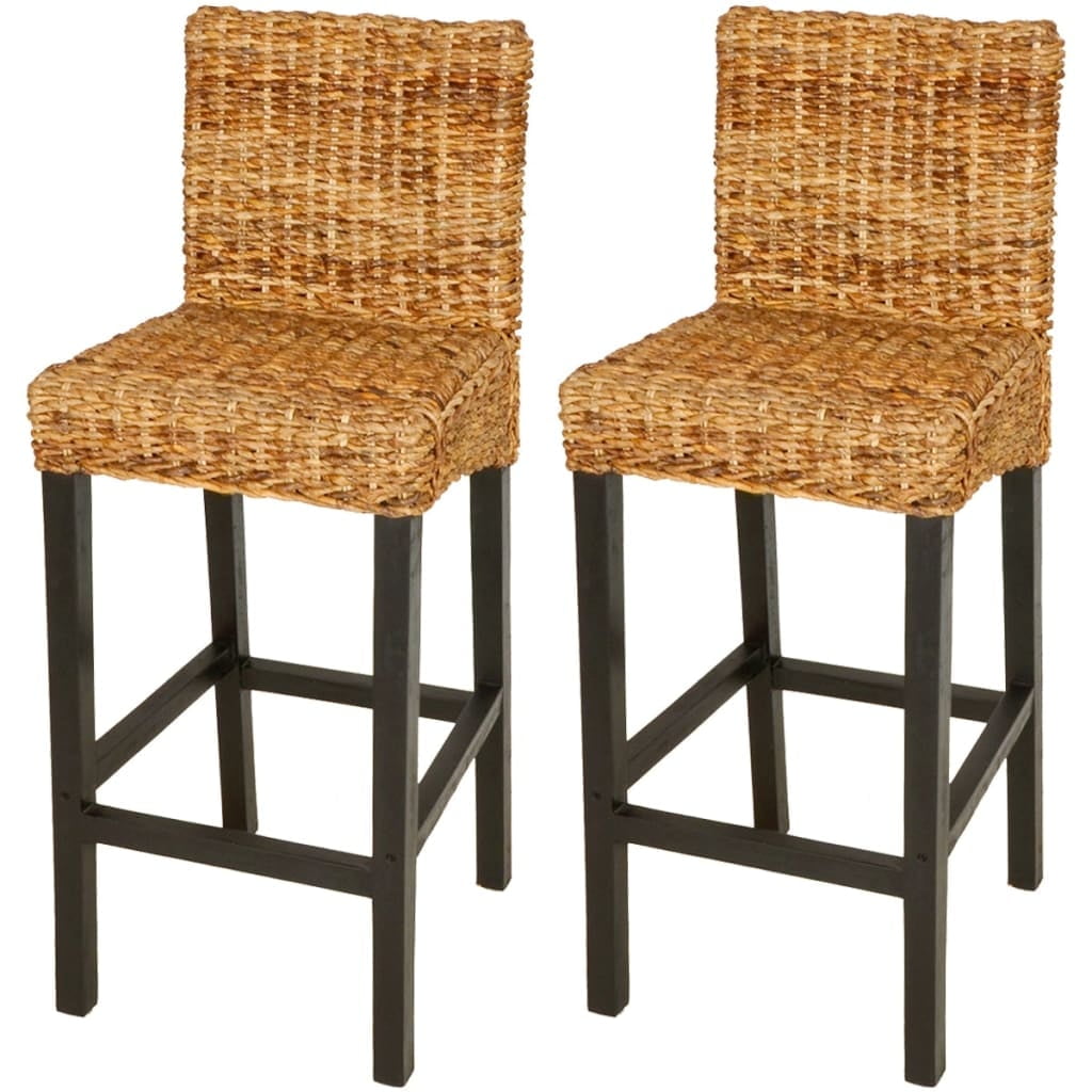 Dark Brown Mango Wood and Abaca Bar Stools Set