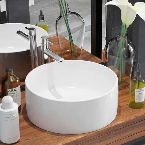 vidaXL Bathroom Basin Round Counter Vessel Sink Plump Washroom Basin Ceramic