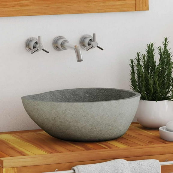 vidaXL Bathroom Basin, Vessel Sink, Easy Assembly, (14.6"-18.1")x(11.4"-14.2")x4.5" River Stone