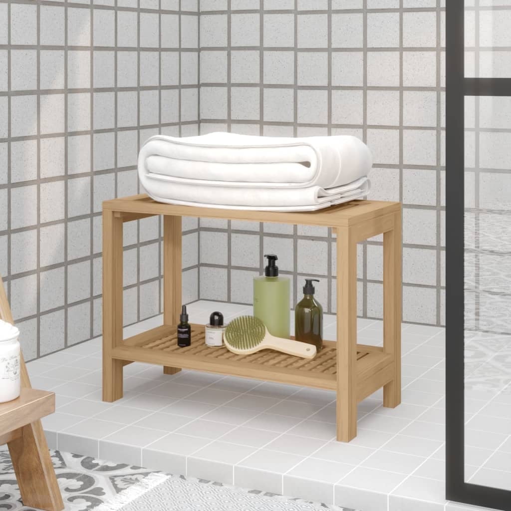 Teak Wood Rectangular Bathroom Side Table with Storage Shelf