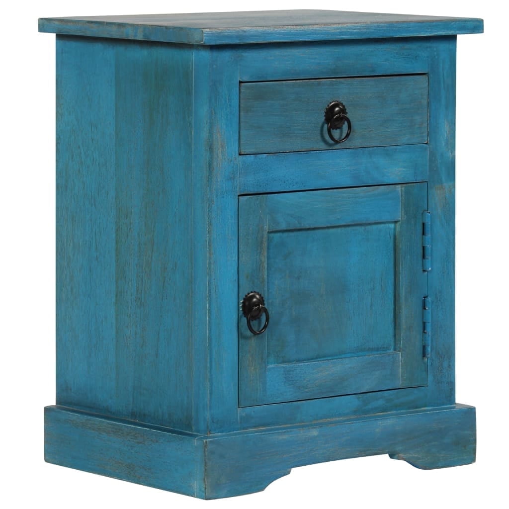 Aged Blue Solid Mango Wood Bedside Table with Drawer