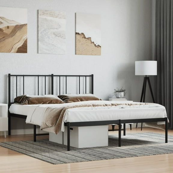 vidaXL Black Full Metal Bed Frame with Headboard & Slats, No Mattress, Easy Assembly