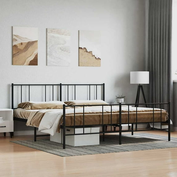 vidaXL Black King Metal Bed Frame with Headboard & Slats, No Mattress, Easy Assembly