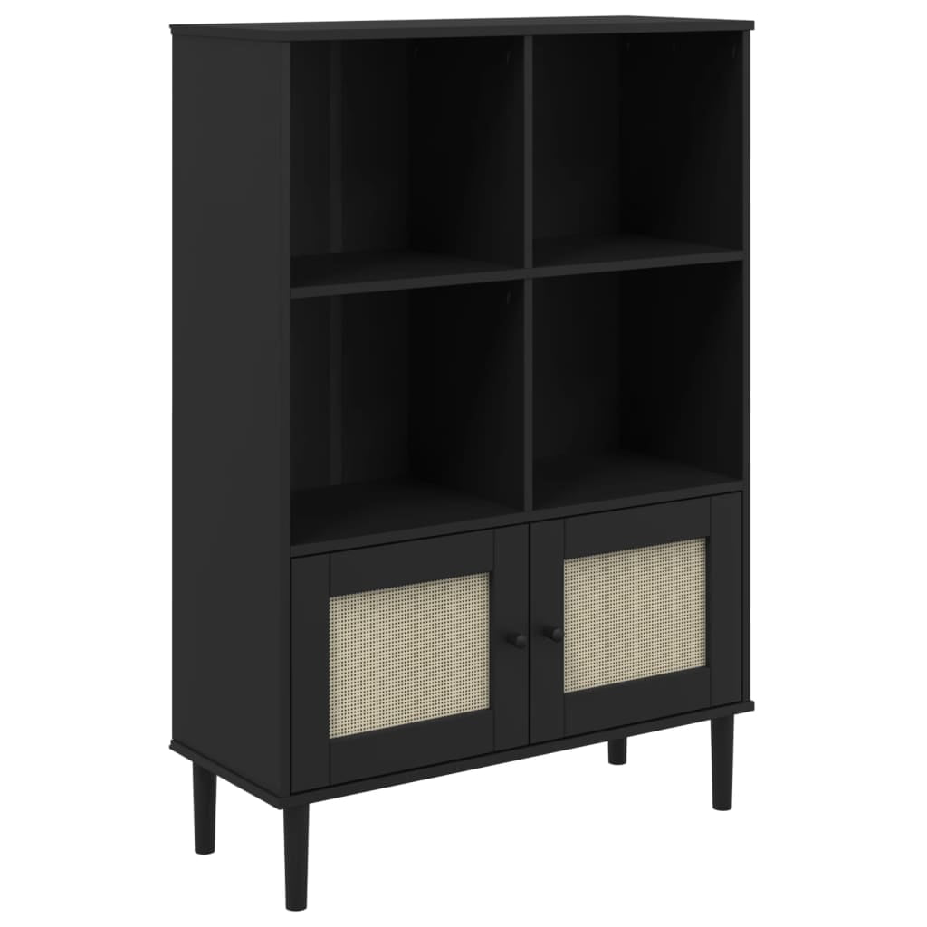 Senja Black Pine Wood Bookcase with Woven Rattan Doors