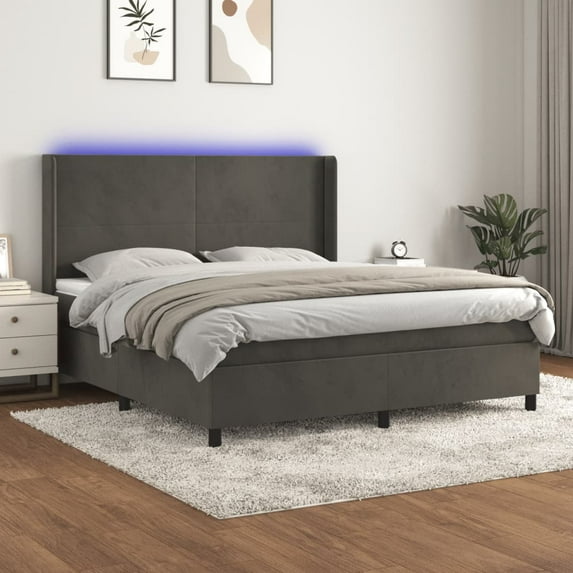 vidaXL Box Spring Bed with Mattress&LED Dark Gray 76"x79.9" King Velvet