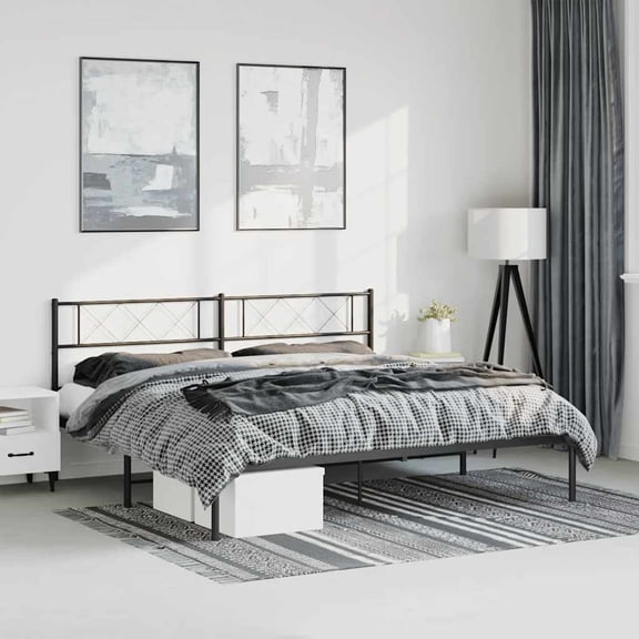 vidaXL California King Metal Bed with Headboard, Under Bed Storage, Noise Free, Black, No Mattress