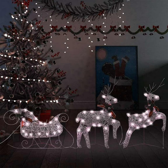 vidaXL Christmas Decoration Gold Reindeer and Sleigh with LEDs Christmas Lighting