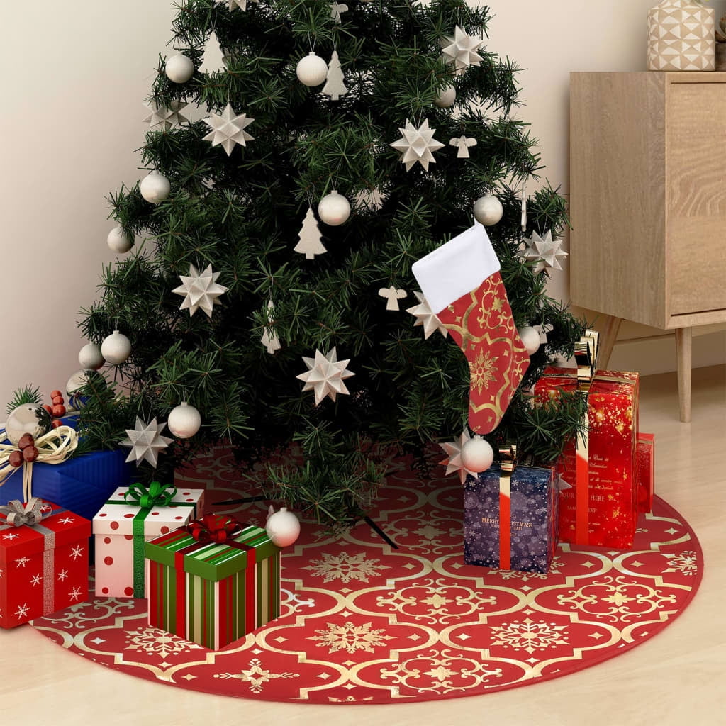 Elegant Red Fabric Christmas Tree Skirt with Matching Sock