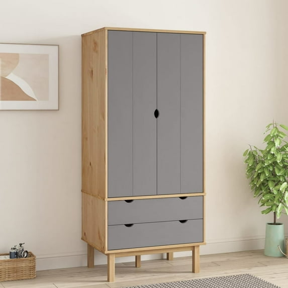 vidaXL Scandinavian Style Adult Standard Wardrobe Brown Gray Solid Pinewood Engineered Wood