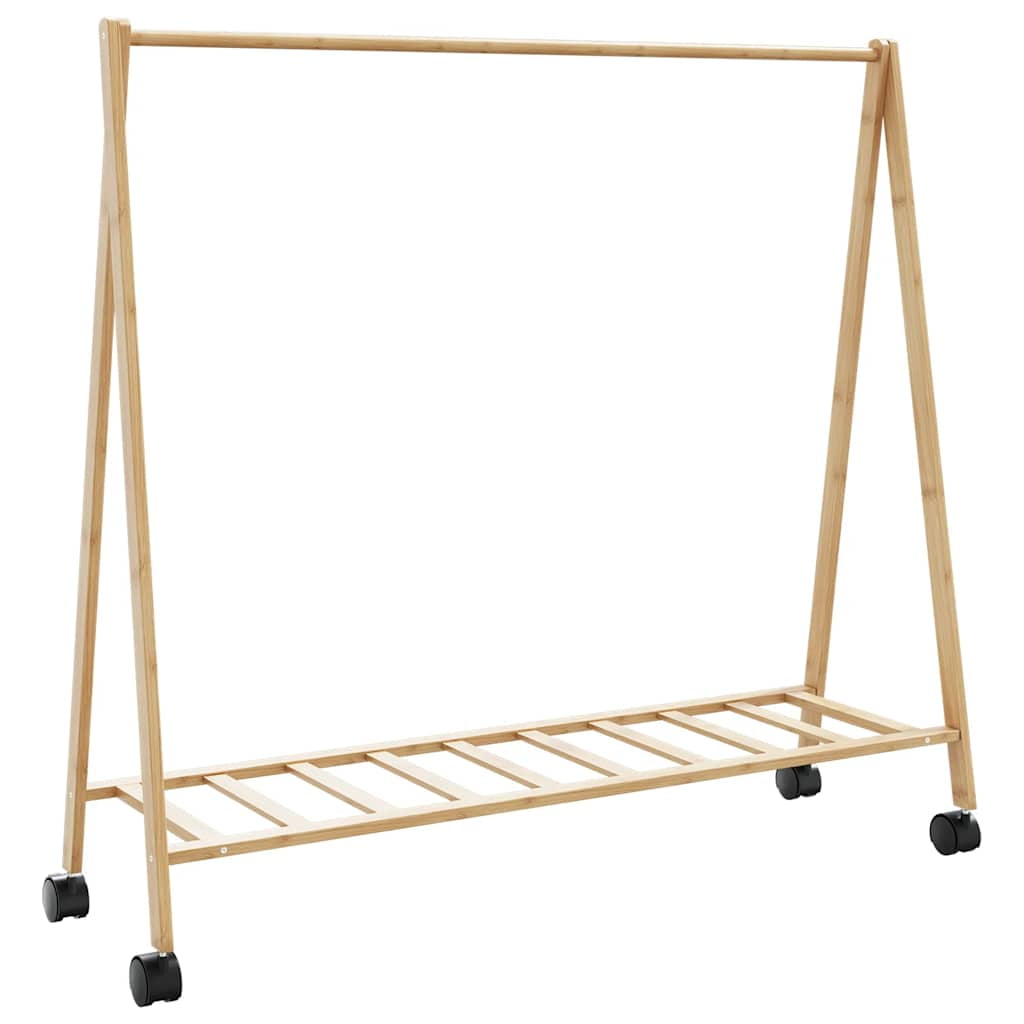 Portable Bamboo Clothes Rack with Shelves and Wheels