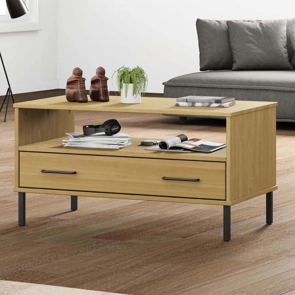 Light Wood Rectangular Coffee Table with Black Metal Legs and Storage