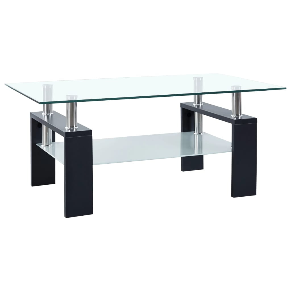 Black Rectangular Glass Coffee Table with Storage Shelf