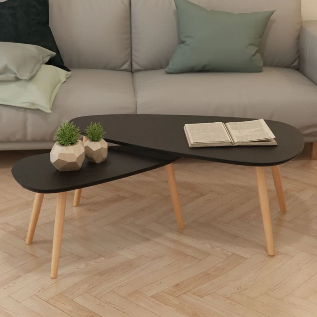 Scandinavian Style Solid Pinewood Black Coffee Table Set