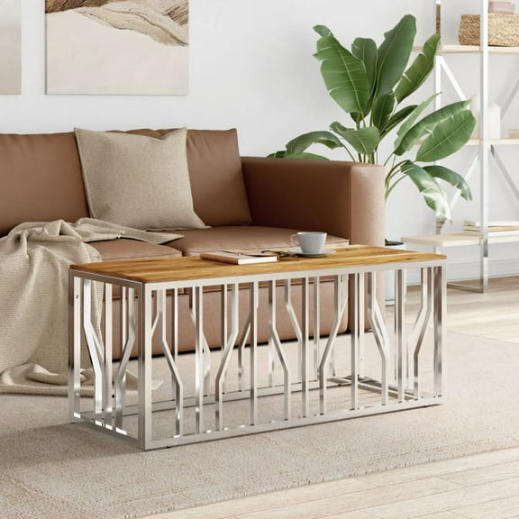 vidaXL Coffee Table Silver Stainless Steel and Solid Wood Acacia