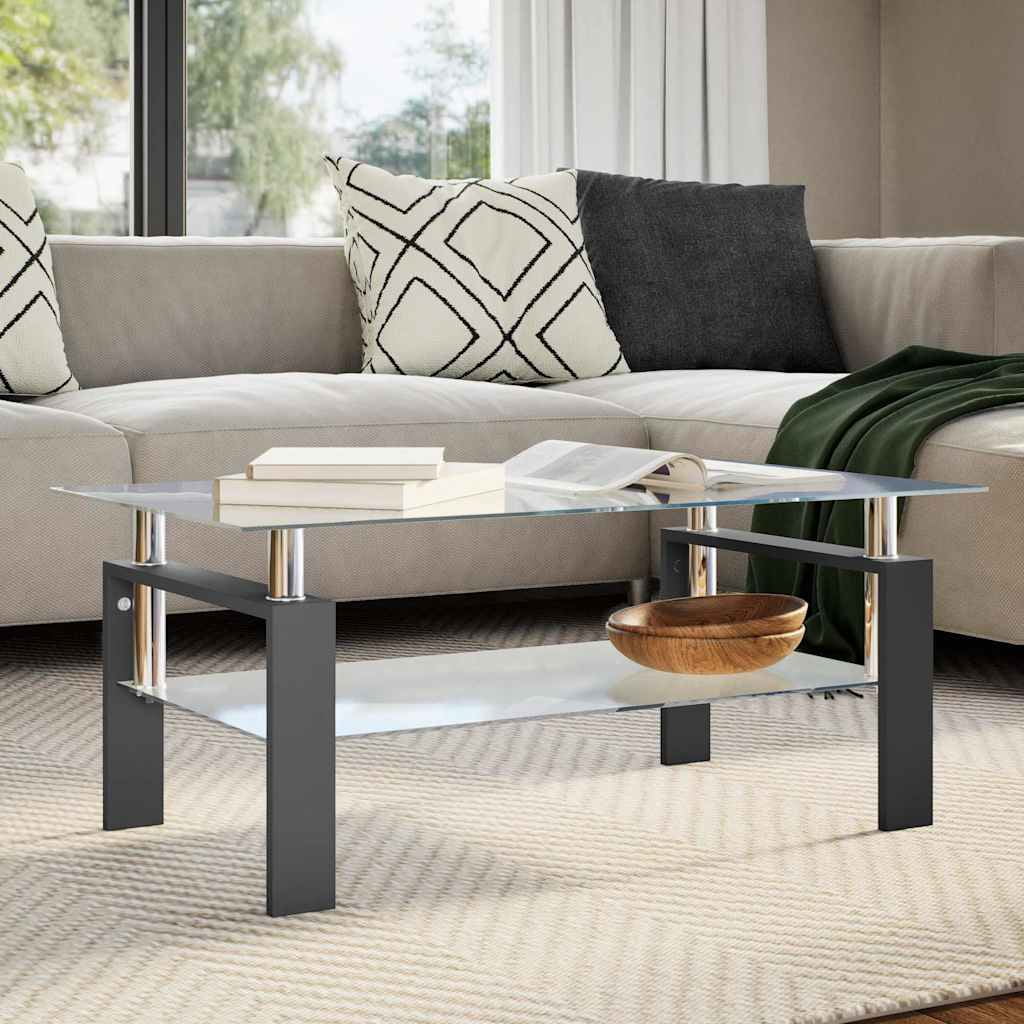 Black Rectangular Glass Coffee Table with Storage Shelf