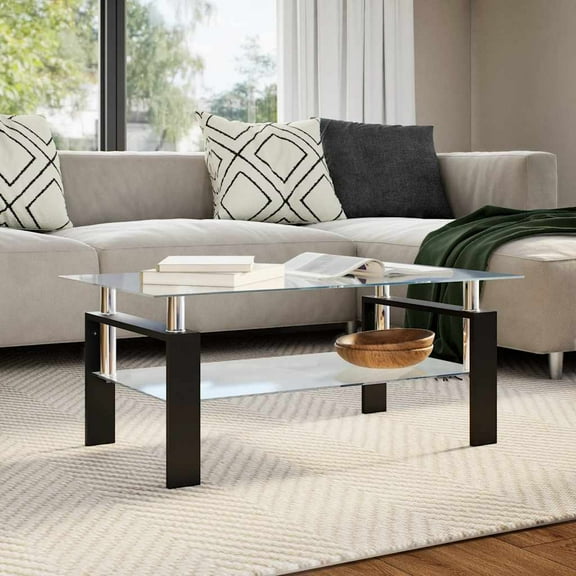 vidaXL Coffee Table, Tempered Glass Top, Center Table, 37.4''x21.7''x15.7'', Gray and Transparent