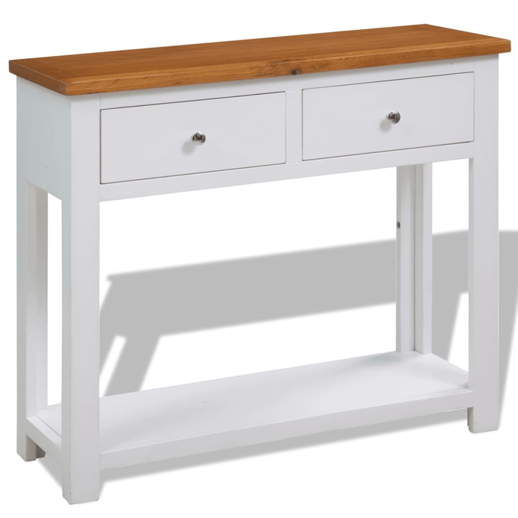 White and Oak Wood Console Table with Storage Drawers