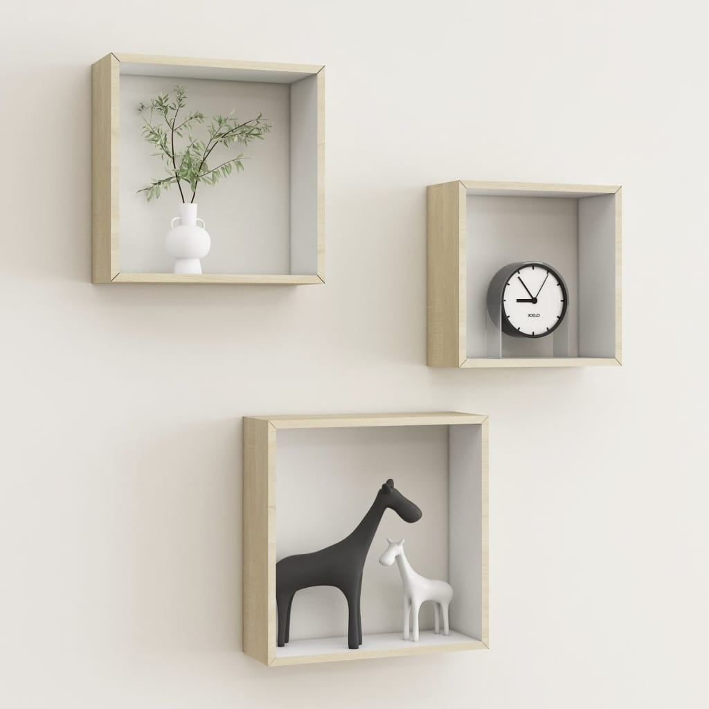 White and Sonoma Oak Floating Wall Shelves Set of 3