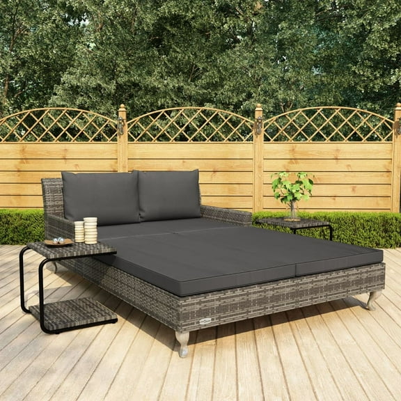 vidaXL Daybed 2-Person Patio Garden Sun Lounge Bed with Cushions Poly Rattan