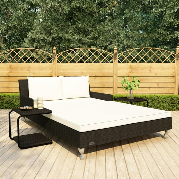 vidaXL Daybed 2-Person Patio Garden Sun Lounge Bed with Cushions Poly Rattan
