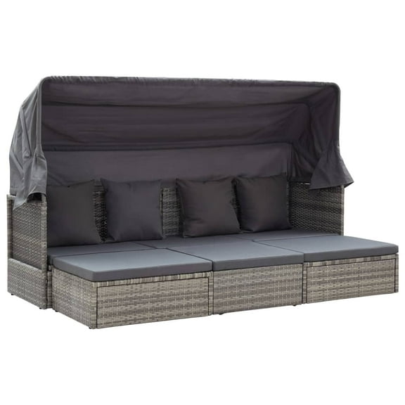 vidaXL Daybed Patio Double Chaise Lounge Bed with Roof Mixed Gray Poly Rattan