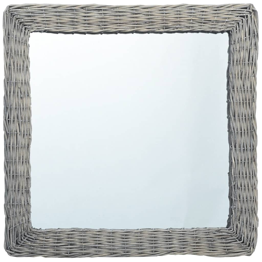 Gray Wicker Rattan Square Mirror for Hallway or Bathroom