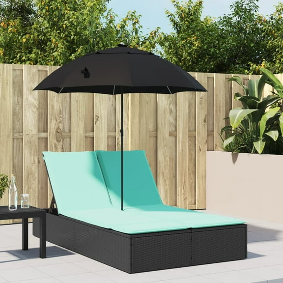 vidaXL Double Sun Lounger with Cushions&Parasol Black Poly Rattan