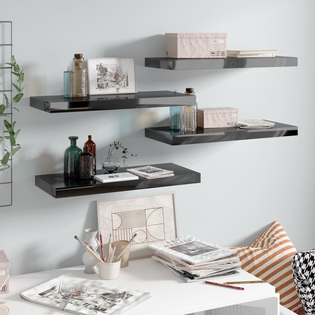 vidaXL Floating Wall Shelves 4 pcs High Gloss Black 23.6"x9.3"x1.5" MDF