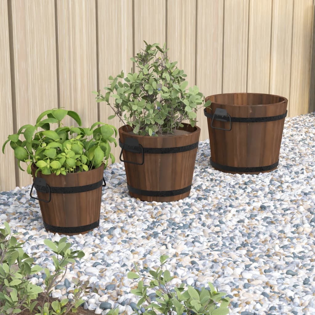 Rustic Brown Fir Wood Outdoor Planter Set with Metal Handles