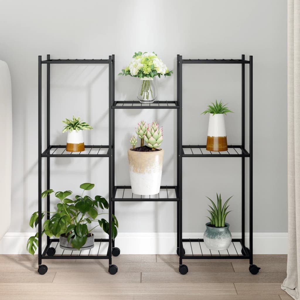 Black Powder-Coated Iron 32.7" Multi-Tier Plant Stand with Wheels