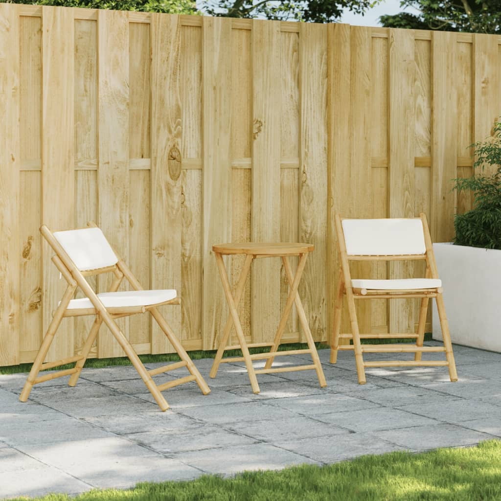 Cream White Bamboo Folding Bistro Chairs with Cushions, Set of 2
