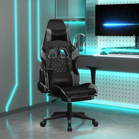 vidaXL Adult Artificial Leather PC Gaming Chair with Footrest and Reclining, Black/Grey