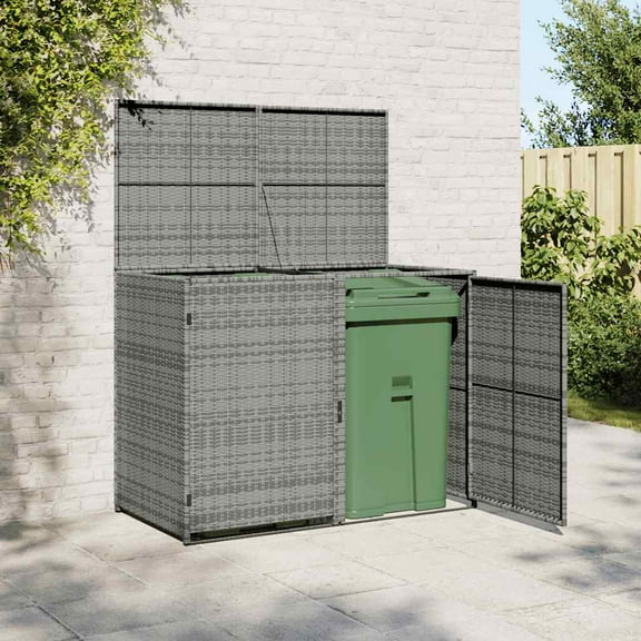 vidaXL Double Wheelie Bin Shed with Lid, Weather-Resistant, Poly Rattan 30.3"x58.3"x43.7" Gray