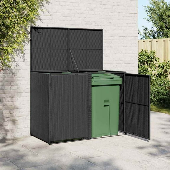 vidaXL Double Wheelie Bin Shed with Lid and Lockable Doors, Poly Rattan 31.5"x58.3"x43.7" Black
