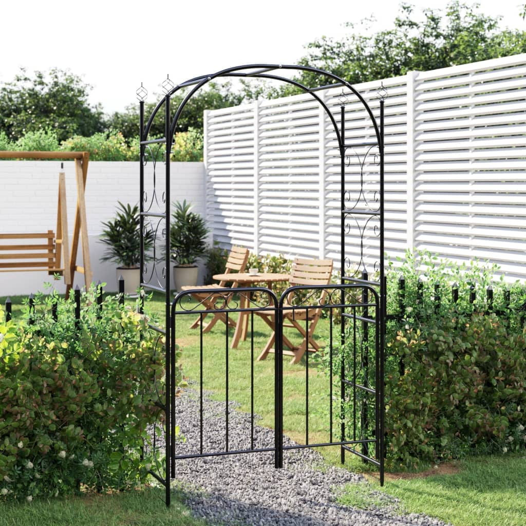 Black Powder-Coated Steel Garden Arch with Gate, 42.5" x 17.7" x 92.5"