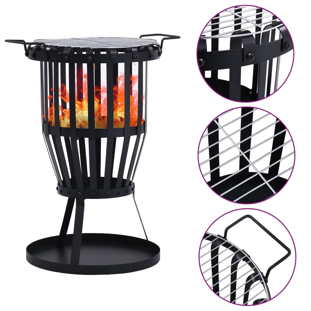 Black Powder-Coated Steel Garden Fire Pit Basket with BBQ Grill