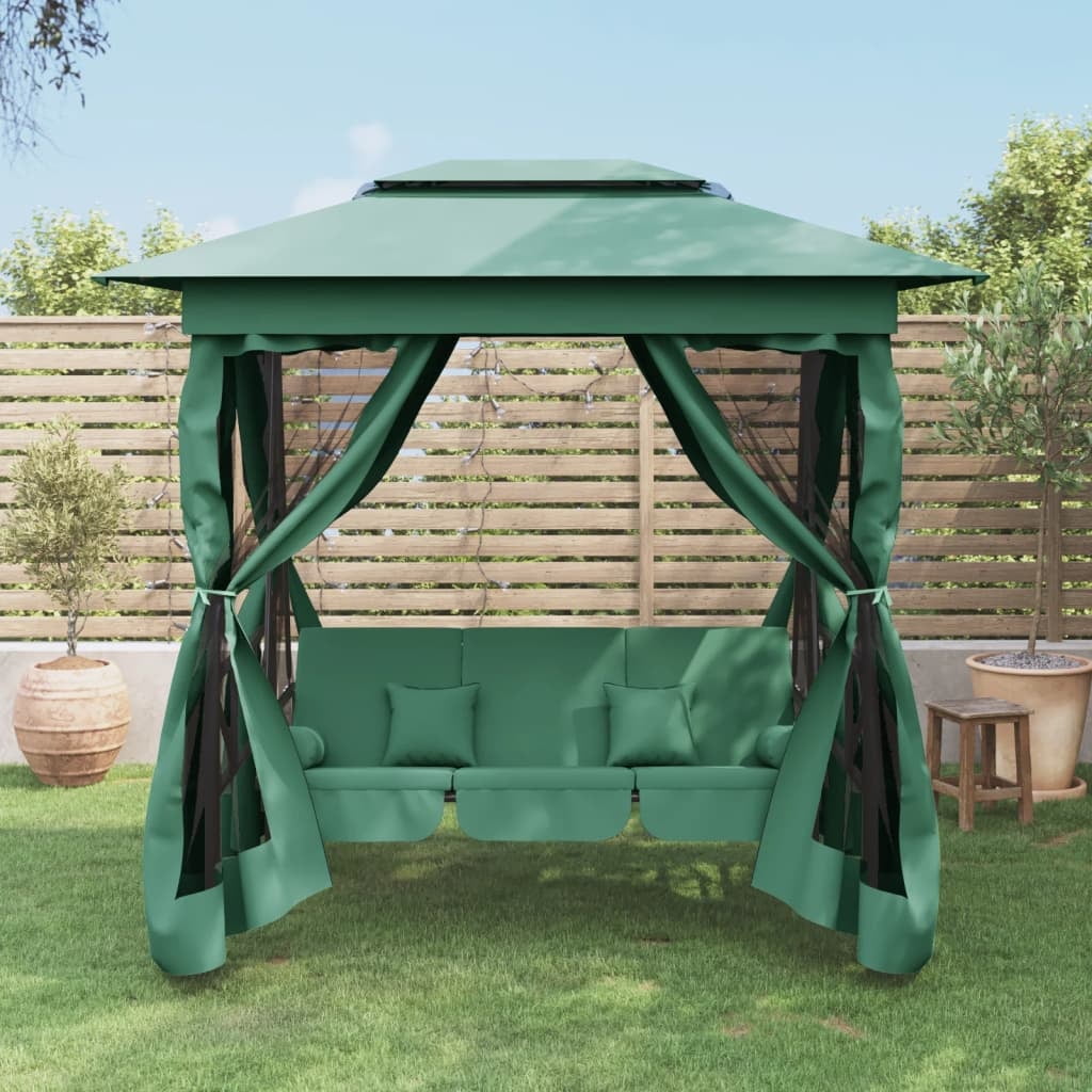 Green Fabric and Steel Garden Gazebo with Convertible Swing Bench