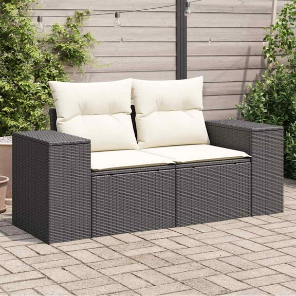 vidaXL Garden Sofa Black, Cream White Poly Rattan 2-Seater Modular