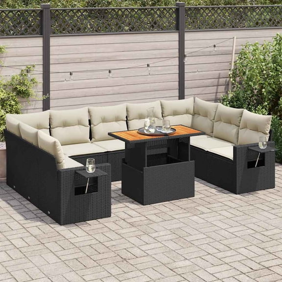 vidaXL Garden Sofa Set Black and Cream White PE rattan Large Modular