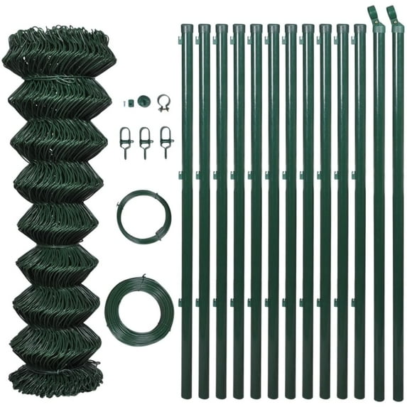 vidaXL Green PVC Coated Chain Link Fence with 7 Posts, 49' 2" Length