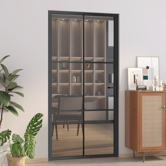 vidaXL Interior Door 40.4x79.3 Inch 1.4 Inch Thickness Black ESG Glass Aluminum Single Door